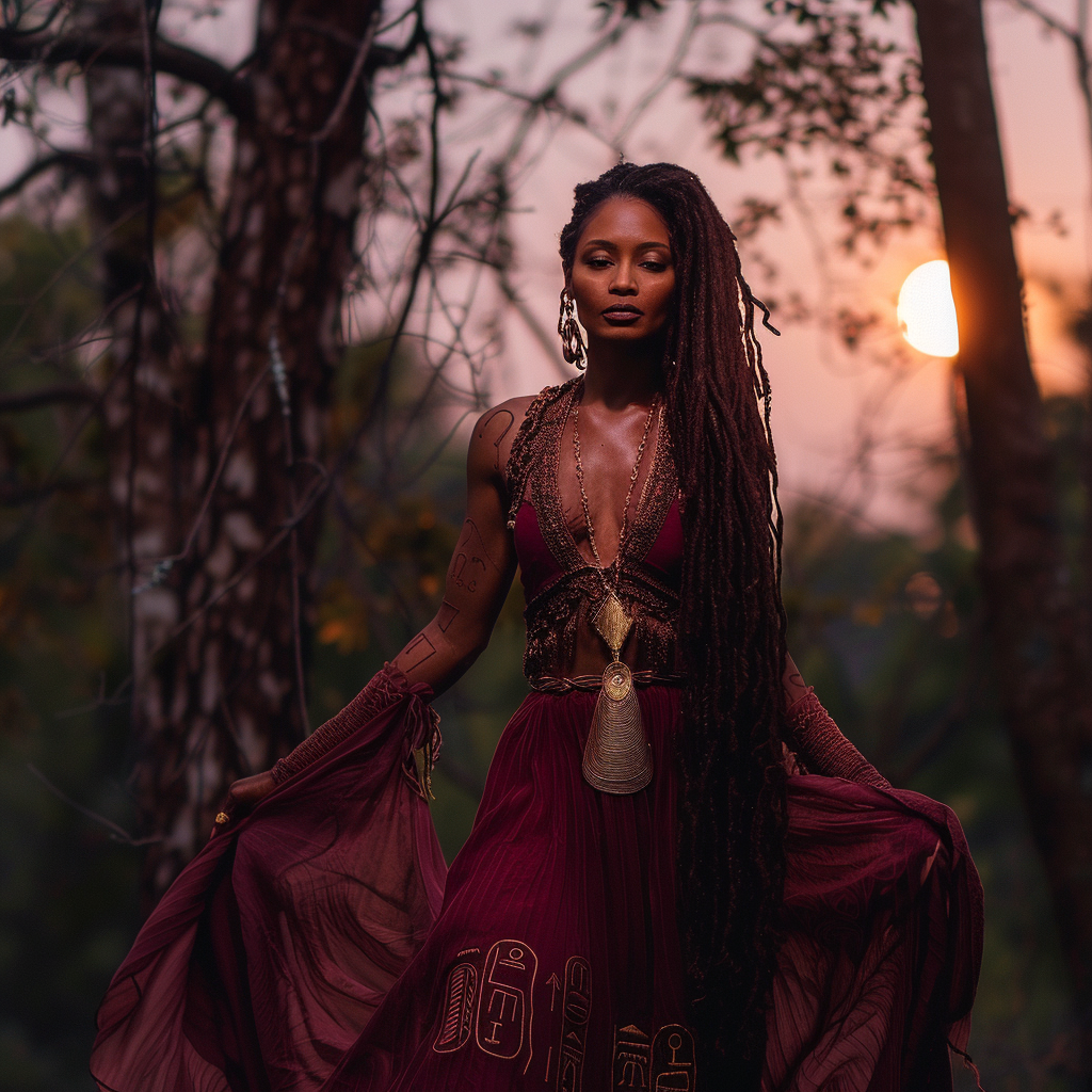 A Black woman with long locs pausing among trees in warm evening light.