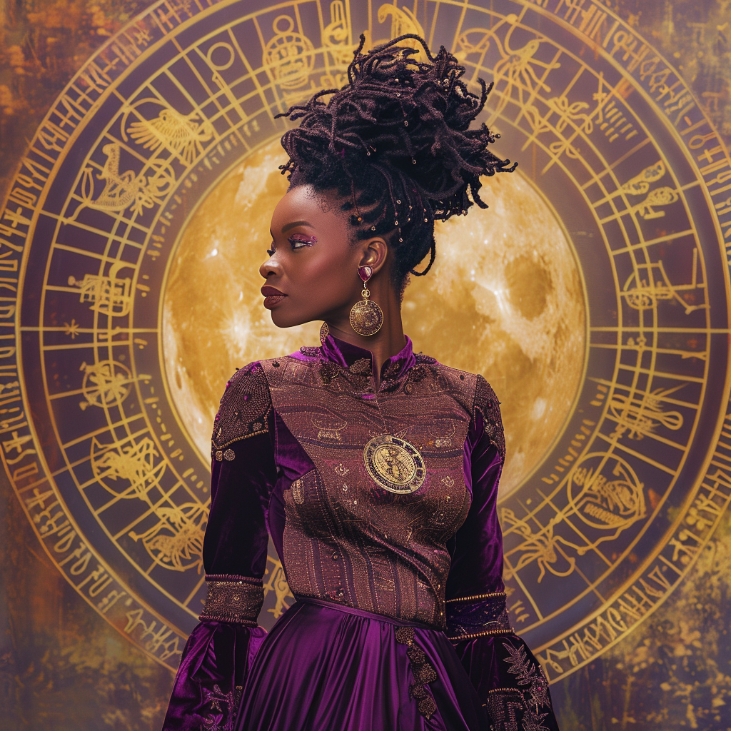 A Black woman in profile against a golden celestial wheel.