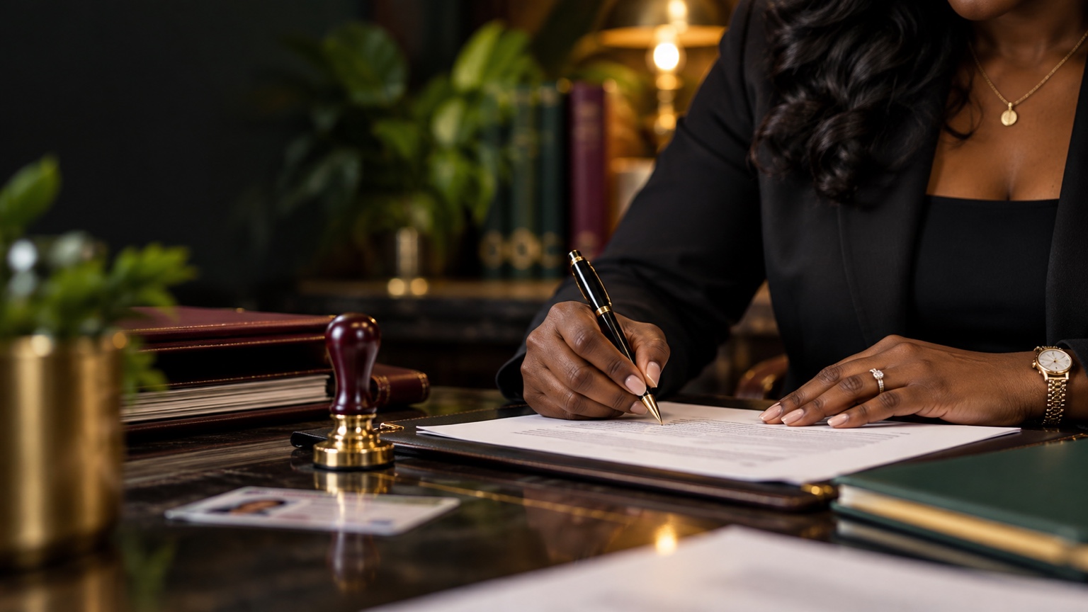 Black woman signing a document at a desk with a notary seal nearby
