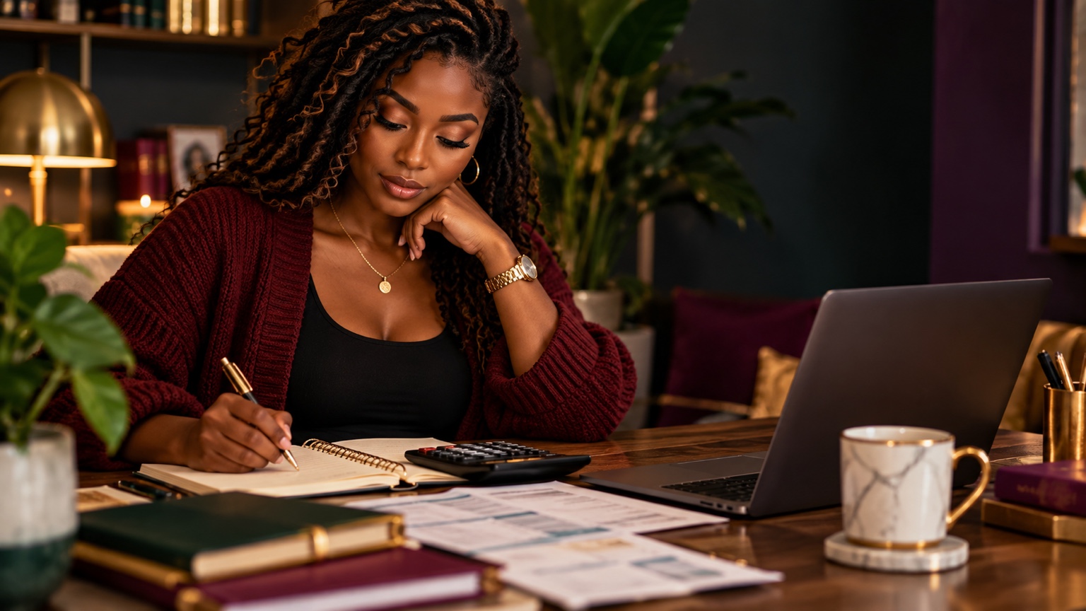Black woman reviewing her monthly finances with a notebook, calculator, and laptop