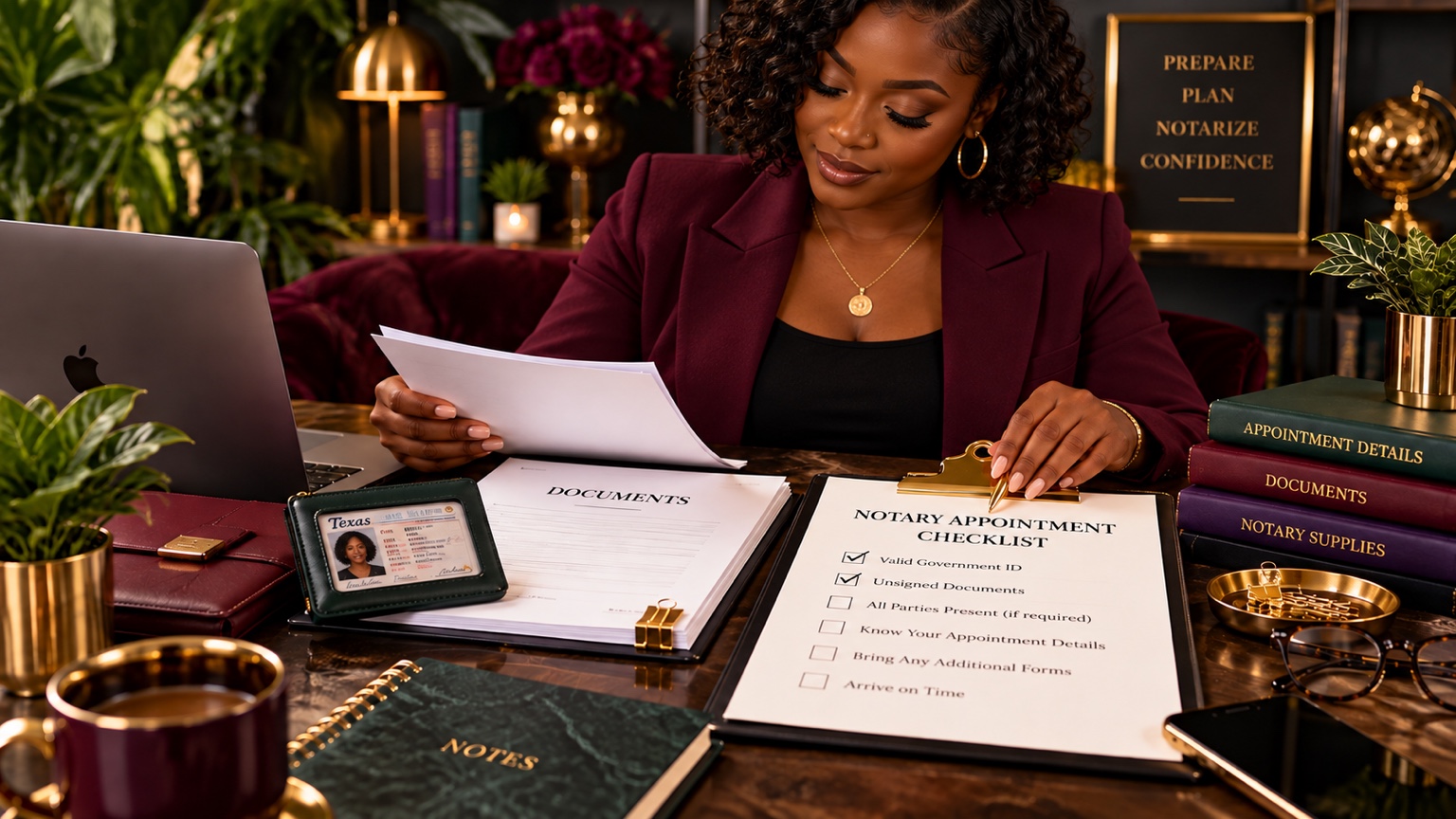 Black woman with short curls reviewing documents and a notary appointment checklist