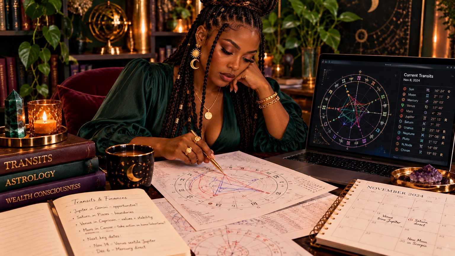 Black woman with a braided updo studying astrology transits and financial seasons at her desk
