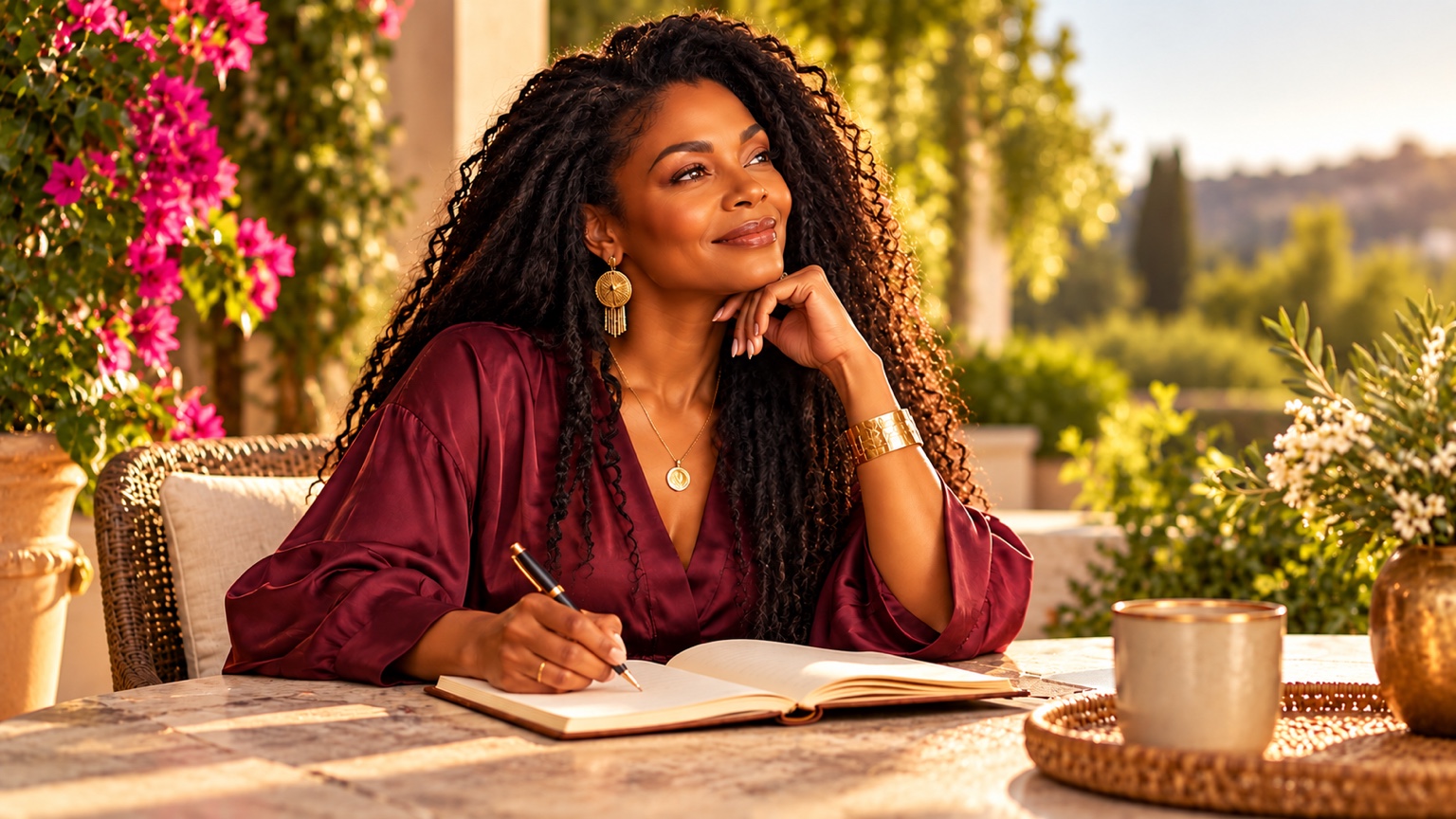 A smiling Black woman with flowing curls reflecting in a gratitude journal in warm golden hour light.
