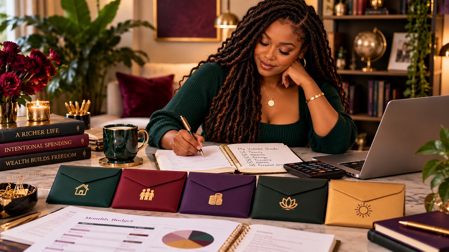 Black woman with long locs creating a values based spending plan with colorful budget envelopes