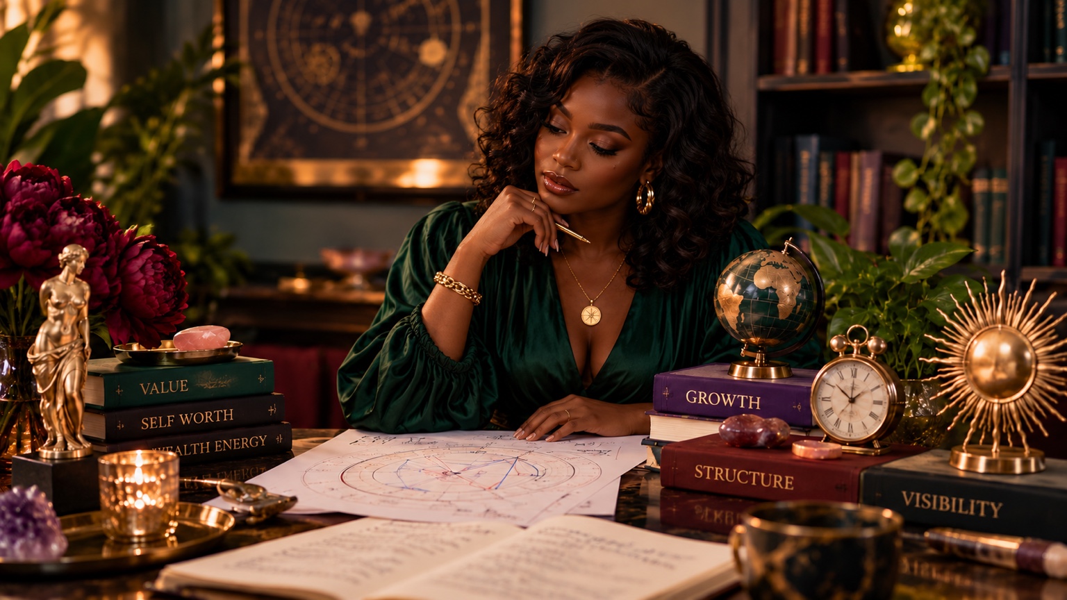 Black woman with flowing curls reflecting on astrology and the themes of value growth structure and visibility