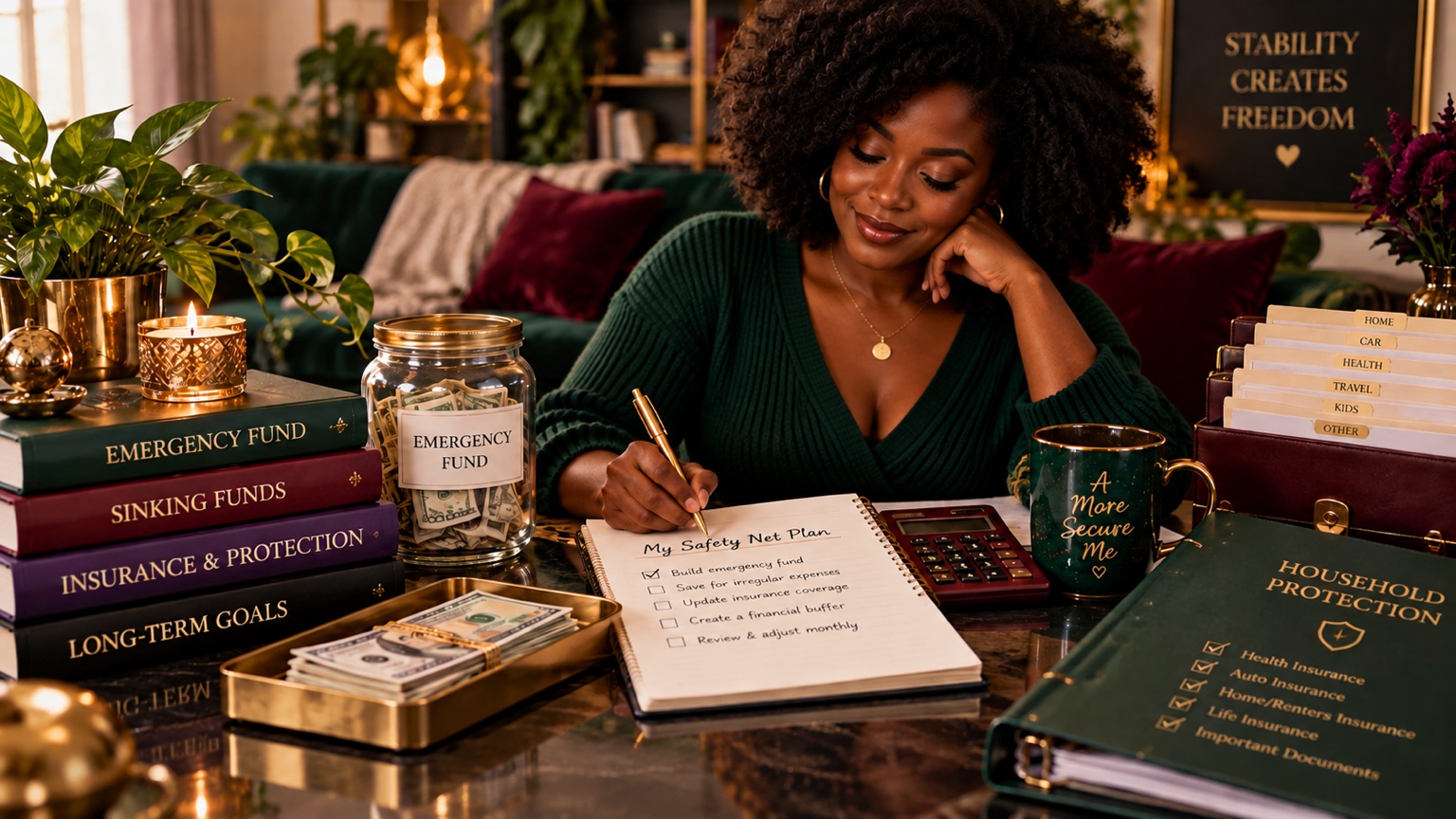 Black woman with natural curls planning emergency savings and household protection