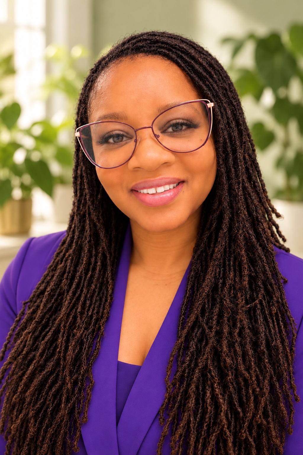 LaTossha-Monique smiling in a purple blazer with plants in the background.