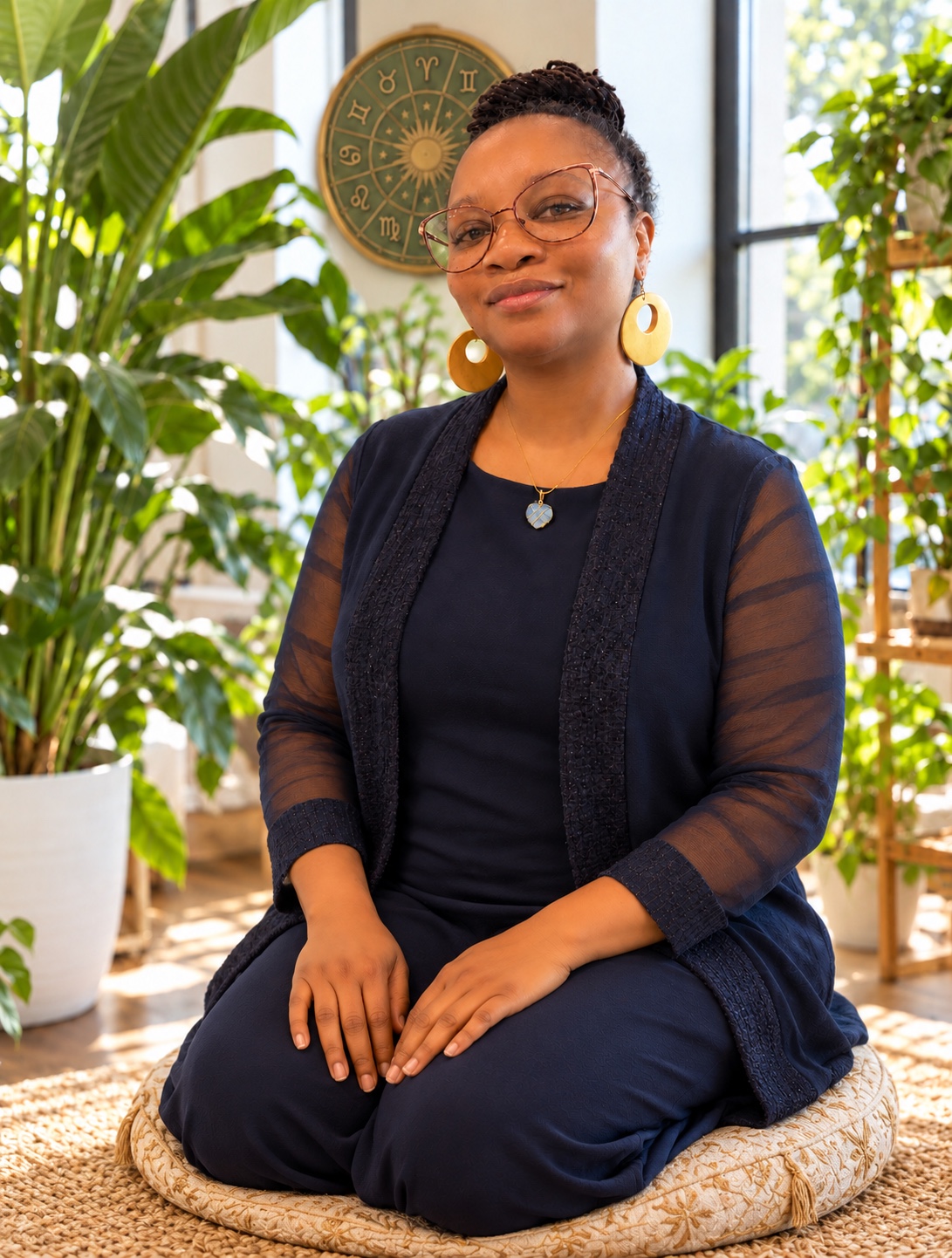 LaTossha-Monique seated on a cushion among plants with a zodiac wheel behind her.